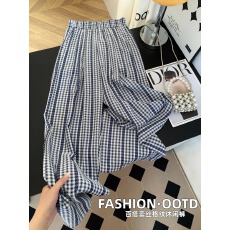 批发实拍!蓝色拼接蕾丝格子裤女高腰百搭垂感宽松慵懒风休闲阔腿长裤