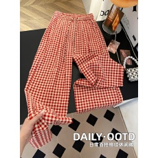 批发chic红色格子裤高腰百搭通勤垂感抽绳宽松直筒休闲<b class='q'>阔腿裤女</b>