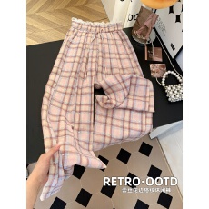 批发多巴胺粉色格子蕾丝花边<b class='q'>阔腿裤女</b>宽松高腰抽绳慵懒风休闲裤