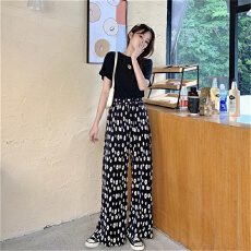 批发大码女装小菊花印花垂感休闲直筒裤女2026新款<b class='q'>高腰</b>阔腿拖地裤潮