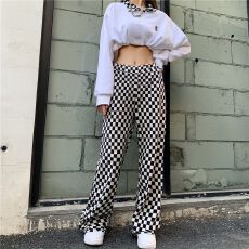 批发大码女装休闲裤女韩版复古百搭褶皱感<b class='q'>棋盘</b><b class='q'>格</b>子宽松阔腿裤拖地裤