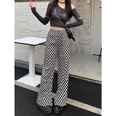批发大码女装冰丝阔腿裤女春夏薄款高腰垂感<b class='q'>棋盘</b><b class='q'>格</b>休闲裤百搭拖地裤