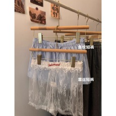 批发蕾丝+55棉条纹蓝色条纹短裤女夏季设计感抽绳+蕾丝绣花<b class='q'>打底裤</b>