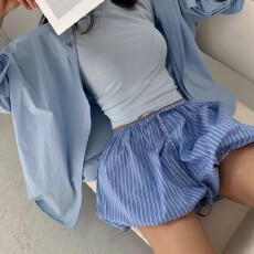 批发【有内里有口袋】条纹<b class='q'>高腰</b>休闲裤女夏2026新款松紧腰灯笼短裤