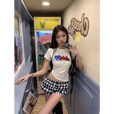 批发现货 法式格子休闲外穿花苞短裤女夏季设计感显瘦高腰阔腿打底裤