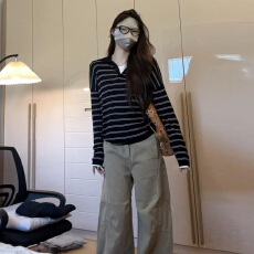 批发早秋季长袖t恤女2025新款设计感韩系慵懒黑白条纹<b class='q'>针织</b>polo衫上衣