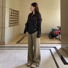 批发早秋季长袖t恤女2025新款设计感韩系慵懒黑白条纹<b class='q'>针织</b>polo衫上衣