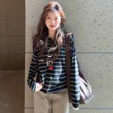 批发早秋季长袖t恤女2025新款设计感韩系慵懒黑白条纹<b class='q'>针织</b>polo衫上衣