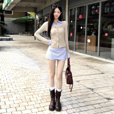 批发假两件长袖衬衫连衣裙子女<b class='q'>春</b>秋2025新款法式气质收腰条纹短裙套装