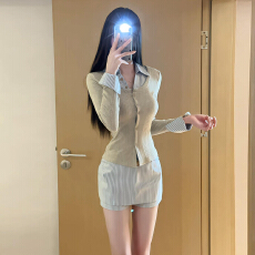 批发假两件长袖衬衫连衣裙子女<b class='q'>春</b>秋2025新款法式气质收腰条纹短裙套装