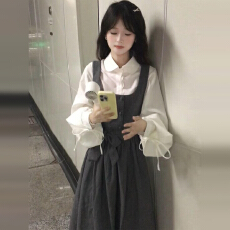 批发白色衬衫<b class='q'>连衣裙</b>子女春秋季2025新款法式巨好看的早秋一整套装长裙