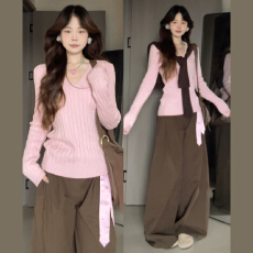 批发韩系粉色V领长袖针织衫女秋冬季2025新款巨好看<b class='q'>修身</b>内搭毛衣上衣