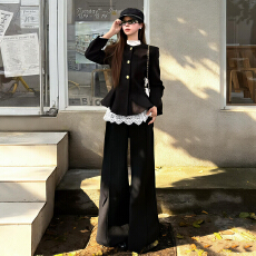 批发韩系千金风黑色小香外套女秋冬季2025新款高级感显瘦气质两件套装