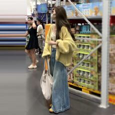 批发巨好看的早秋一整套韩气奶呼呼灯笼袖外套内搭背心宽松牛仔裤套装