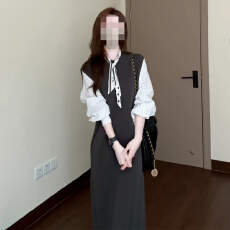 批发法式高级感灰色假两件长袖连衣裙子女秋季2025新款气质巨好看长裙