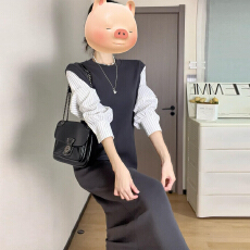 批发法式高级感灰色假两件长袖连衣裙子女秋季2025新款气质巨好看长裙