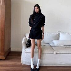 批发高级感长袖黑色连衣裙子女2025新款秋季宽松显瘦西装收腰a字短裙