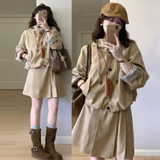 批发韩系穿搭一整套装女2025新款小个子穿搭格纹拼接连帽风衣短外套秋