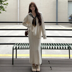 批发法式白色针织连衣裙子女2025年新款秋季巨好看的穿搭一整套装长裙