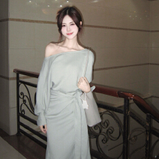 批发法式气质斜肩长袖连衣裙子女秋冬季2025新款修身包臀鱼尾长裙套装