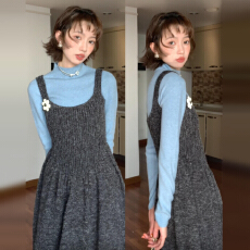 批发韩系慵懒风半高领紧身打底上衣女冬季新款叠穿针织<b class='q'>吊带</b><b class='q'>连衣裙</b>套装