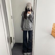 批发韩系灰色翻领卫衣外套女秋冬季2025新款巨好看的宽松拉链开衫上衣