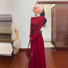 红色一字肩针织连衣裙子女秋冬季圣诞穿搭韩系慵懒风穿搭套装长裙