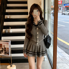 批发2025新款韩系针织<b class='q'>连衣裙</b>子女秋冬学院风海军领针织衫<b class='q'>高腰</b>半裙套装