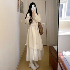 批发法式高级感巨好看杏色针织连衣裙子女秋冬季2025新款大衣内搭长裙