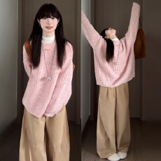 批发韩系慵懒宽松粉色上衣长袖针织衫菱格毛衣可外穿超好看冬季内搭女