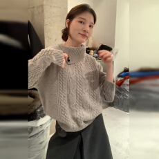 批发复古灰色麻花毛衣女秋冬2025新款慵懒高级感宽松加厚套头针织上衣