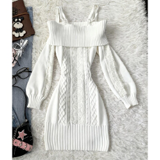 批发一字肩白色针织<b class='q'>吊带</b><b class='q'>连衣裙</b>子女秋冬季2025新款冬天配大衣包臀短裙