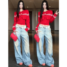 批发圣诞穿搭红色费尔岛针织毛衣女2025新款秋冬季慵懒高级感开衫上衣