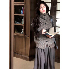 批发法式<b class='q'>复古</b>气质高领针织马甲秋冬新款叠穿打底衫上衣时尚两件套