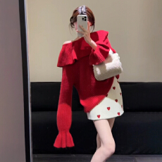 批发圣诞新年氛围感穿搭红色<b class='q'>一字肩</b>毛衣女秋冬季可外穿内搭针织衫上衣