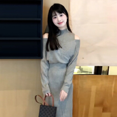 批发法式灰色针织<b class='q'>连衣</b>裙子女秋冬季2025新款巨好看的修身显瘦包臀<b class='q'>长裙</b>