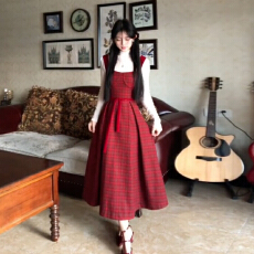 批发法式红色<b class='q'>格子</b>背带<b class='q'>连衣裙</b>子女秋冬季2025新款圣诞新年穿搭套装长裙