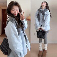 批发深冬独特超好看蓝色翻领轻薄羽绒棉服<b class='q'>女</b>款冬季小个子夹棉厚款外套