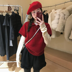 批发过年穿搭红色毛衣女秋冬季韩系宽松套头polo翻领叠穿针织<b class='q'>短袖</b>上衣