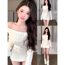批发白色一字肩针织毛衣连衣<b class='q'>裙子</b>女秋冬季2026新款配大衣内搭包臀短裙