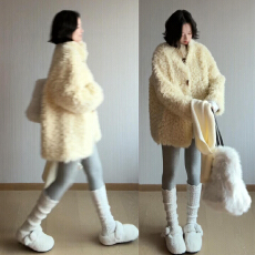 批发韩系别致黄色羊羔毛外套女秋冬新款小个子慵懒风宽松显瘦别致大衣