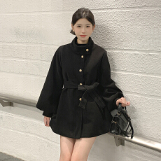 批发韩系黑色系带立领<b class='q'>短款</b>毛呢外套女2026新款冬季加厚小个子呢子大衣