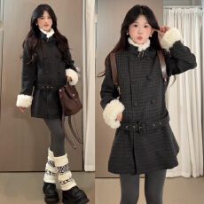 批发韩系小香风灰色格纹毛呢外套女秋冬季新款高级感加绒保暖呢子大衣