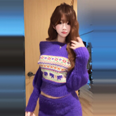 批发紫色费尔岛毛衣针织连衣裙子女2026秋冬超火巨好看冬装一整套装裙