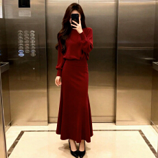 批发新年红色针织毛衣连衣裙子女装2026秋冬新款千金感穿搭一整套长裙