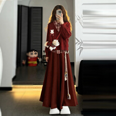 批发红色针织开衫格子衬衫半身裙三件套女装2026秋<b class='q'>冬</b>季慵懒风显瘦套装