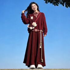 批发红色针织开衫格子衬衫半身裙三件套女装2026秋<b class='q'>冬</b>季慵懒风显瘦套装