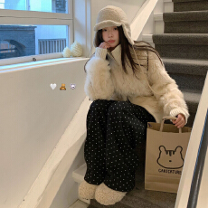 批发韩系复古黑色波点休闲阔腿裤女冬季2026新款慵懒松弛感拖地长裤子