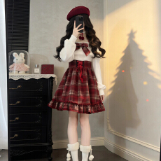 批发2026新款新年穿搭超好看假两件红色格子连衣裙子女秋冬季过年战袍