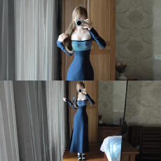 批发韩系辣妹穿搭条纹<b class='q'>连衣裙</b>子女2026新款<b class='q'>修身</b>显瘦秋冬季内搭打底长裙